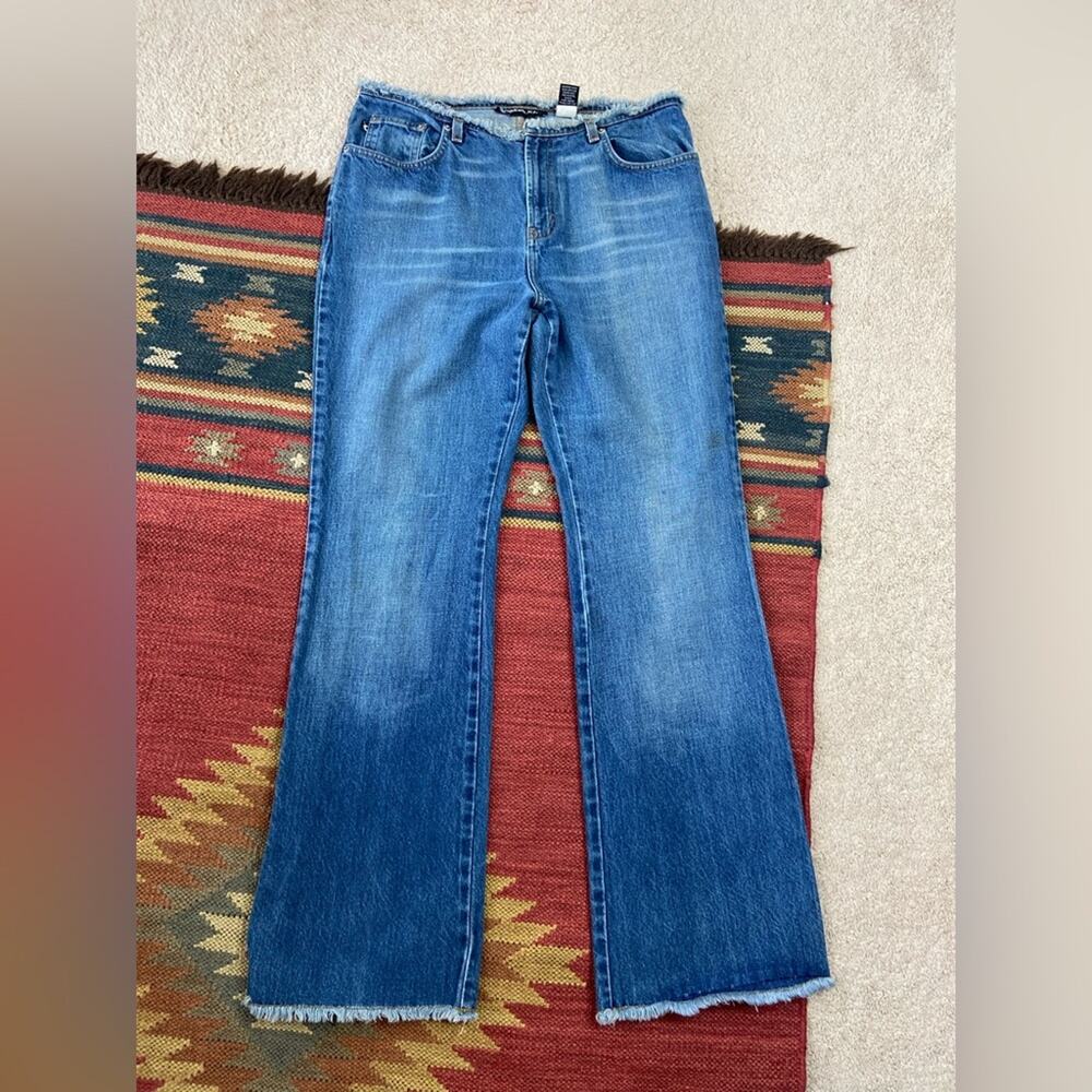 Express Vintage Y2K Blue Flare Wide Leg Jeans with Raw Hem Size 12